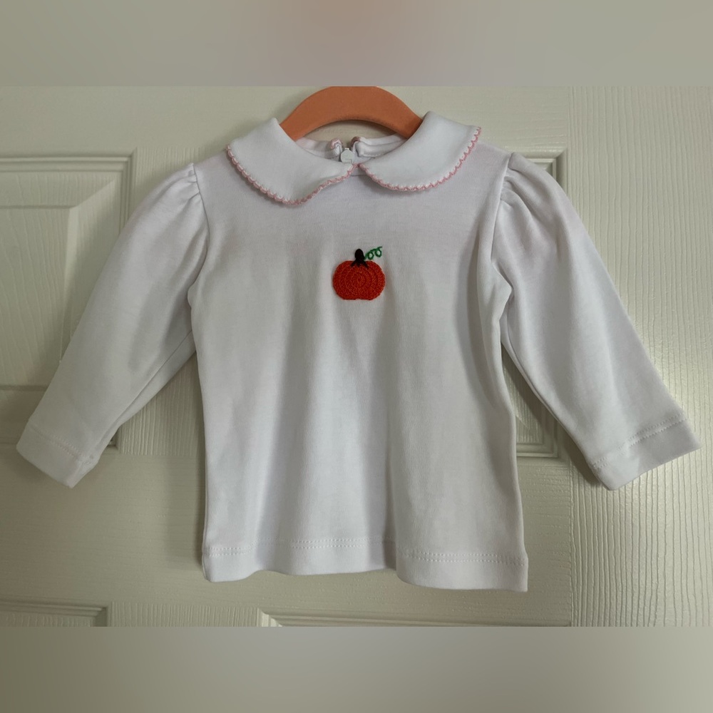 Baby Luigi 6M girls outfit. Pumpkin embroidered top with white pants set. NWT
